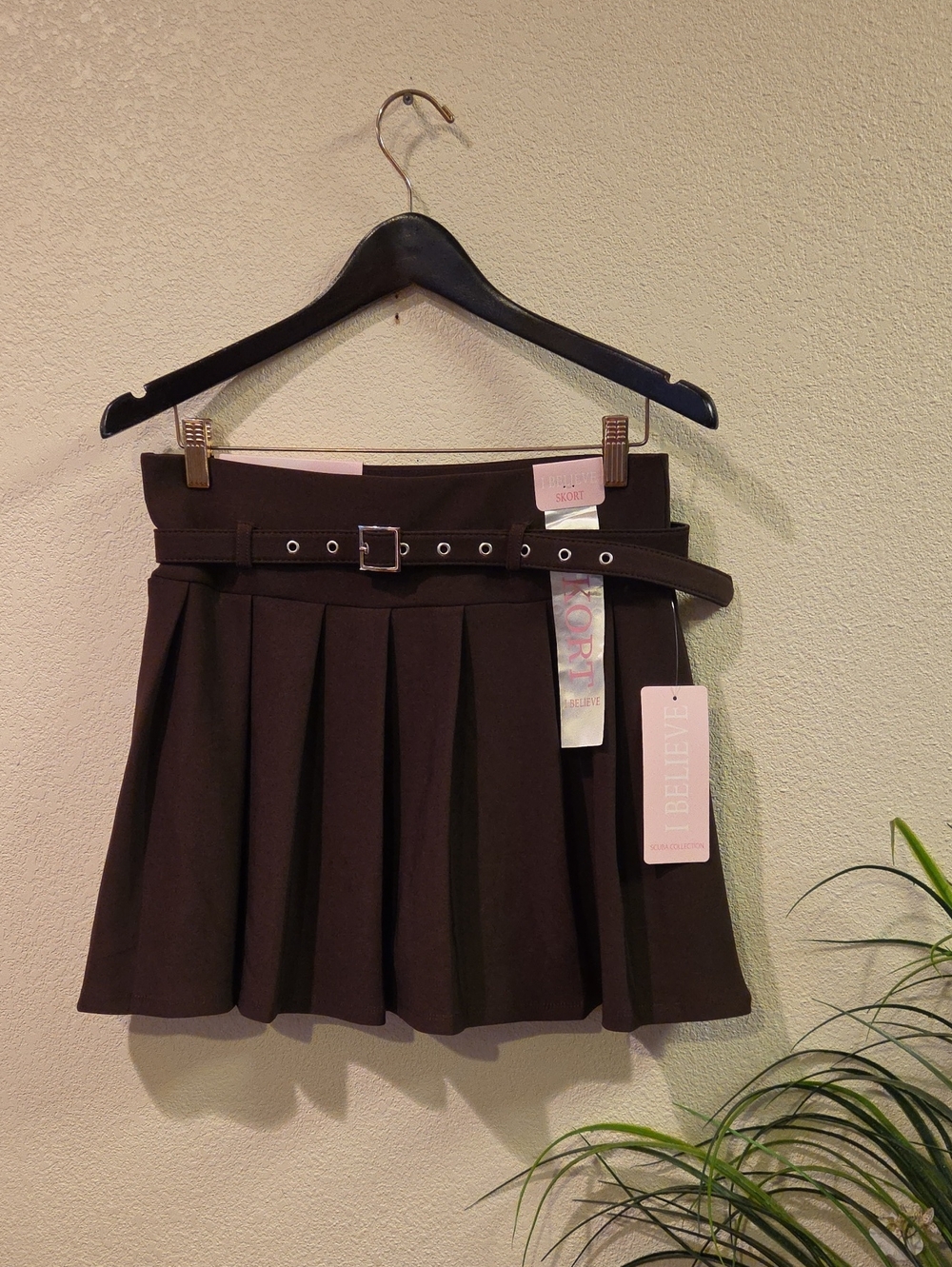 I Believe High-Waist Pleated Skater Skort with Belt - Brown, Size Large